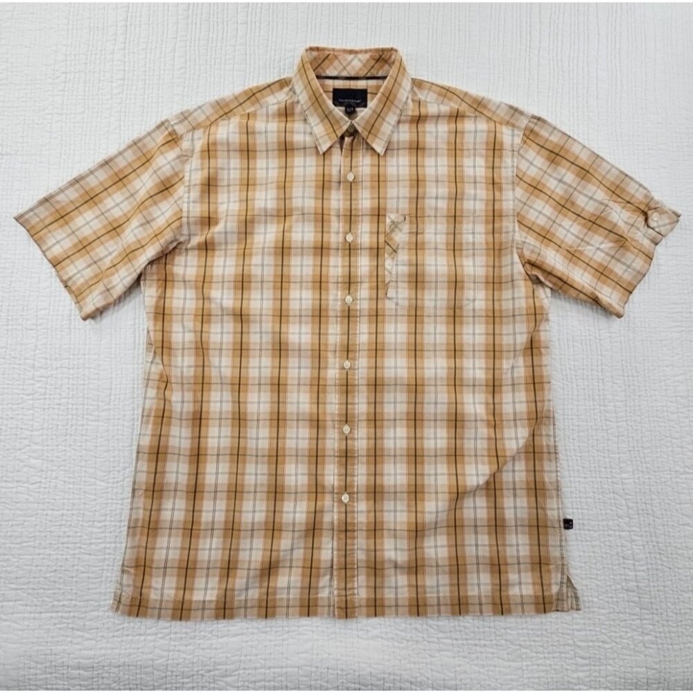Phat Farm Shirt Men's XL Brown Plaid‎ Cotton Short Sleeve EUC Button Down Boxy